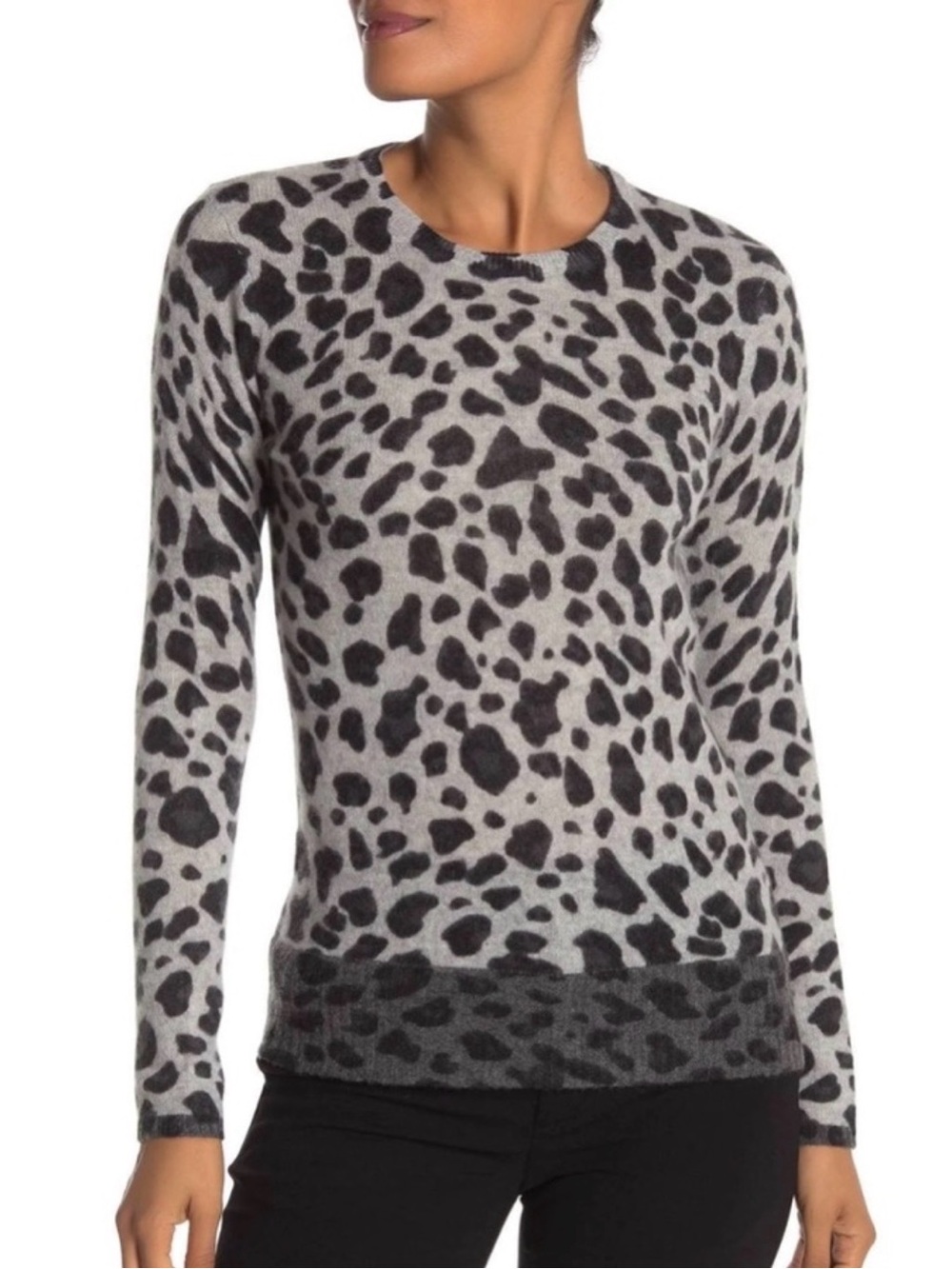100% cashmere sweater leopard print gray black crewneck large Magaschoni